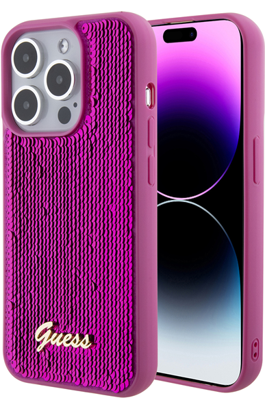 Guess Sequin Script Metal Hard Case Apple iPhone 15 Pro Fuchsia