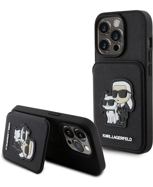 Karl Lagerfeld Karl+Choupette Saffiano Cardslots & Stand Case Apple iPhone 15 Pro Black