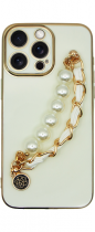 Vivid Silicone Case Pearl Chain Holder Apple iPhone 13 Pro Max White/Gold