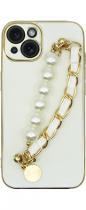 Vivid Silicone Case Pearl Chain Holder Apple iPhone 15 White/Gold