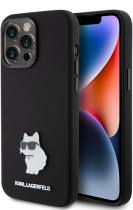Karl Lagerfeld Choupette Metal Pin Hard Silicone Case Apple iPhone 15 Pro Max Black