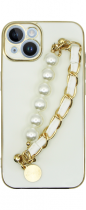 Vivid Silicone Case Pearl Chain Holder Apple iPhone 14 White/Gold