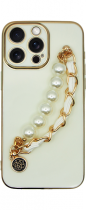 Vivid Silicone Case Pearl Chain Holder Apple iPhone 15 Pro Max White/Gold