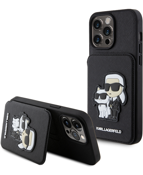 Karl Lagerfeld Karl+Choupette Saffiano Cardslots & Stand Case Apple iPhone 15 Pro Max Black
