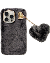 Vivid Fluffy Plush Case with Heart-Shaped Chain Apple iPhone 16 Pro Max Grey/Black