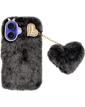 Vivid Fluffy Plush Case with Heart-Shaped Chain Apple iPhone 16 Grey/Black