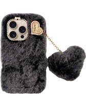 Vivid Fluffy Plush Case with Heart-Shaped Chain Apple iPhone 16 Pro Grey/Black