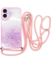 Vivid Bling Glitter with Stars Case and lanyard Apple iPhone 16 Pink