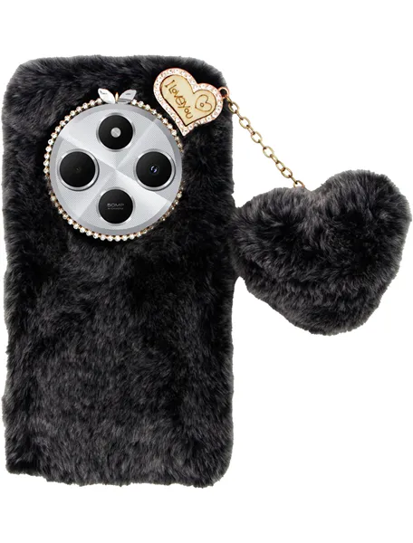 Vivid Fluffy Plush Case with Heart-Shaped Chain Redmi 14C 4G Grey