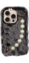 Vivid Fluffy Plush Case with Pearl Chain Apple iPhone 16 Pro Grey/Black