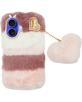 Vivid Fluffy Plush Case with Heart-Shaped Chain Apple iPhone 16 Pink