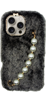 Vivid Fluffy Plush Case with Pearl Chain Apple iPhone 16 Pro Max Grey/Black